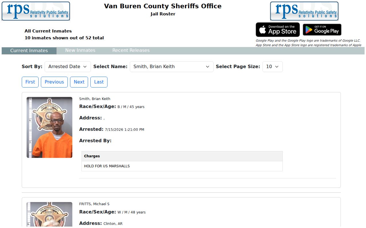 Van Buren County criminal booking records in the public inmate roster