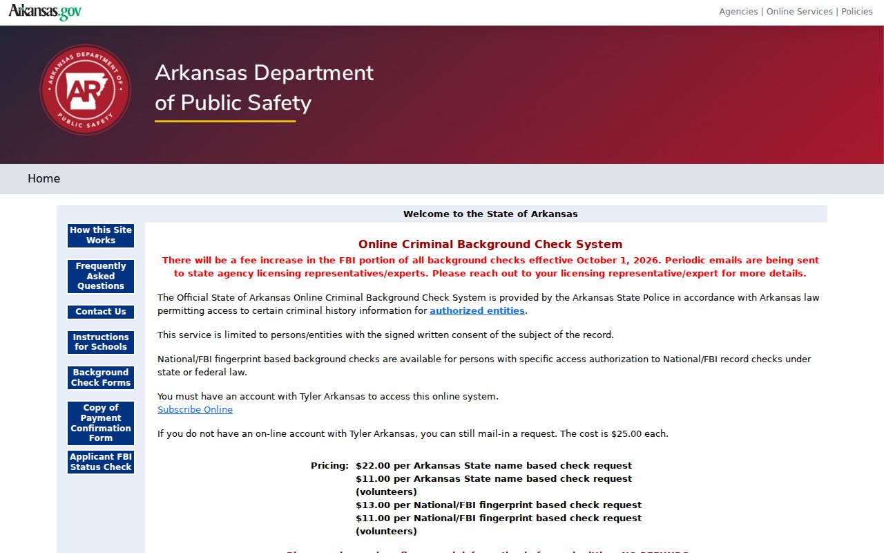 Van Buren County criminal background check through the restricted Arkansas CBC portal